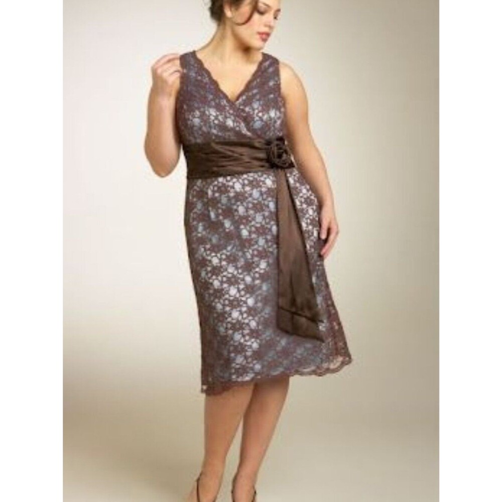 JS Boutique Brown Lace V-Neck Midi Dress Satin Waist Sash Size 24W